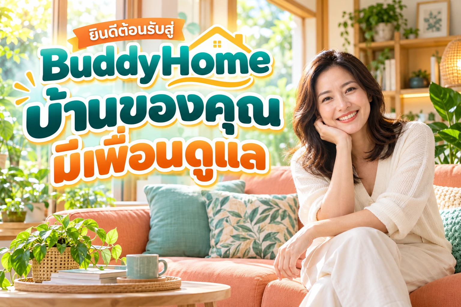 ยินดีต้อนรับสู่ BuddyHome บ้านของคุณมีเพื่อนดูแล พร้อมภาพหญิงไทยในห้องนั่งเล่นแสงธรรมชาติ